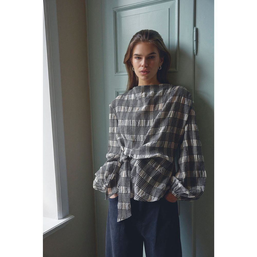 Co'Couture Bone Chandler Check Tie Blouse