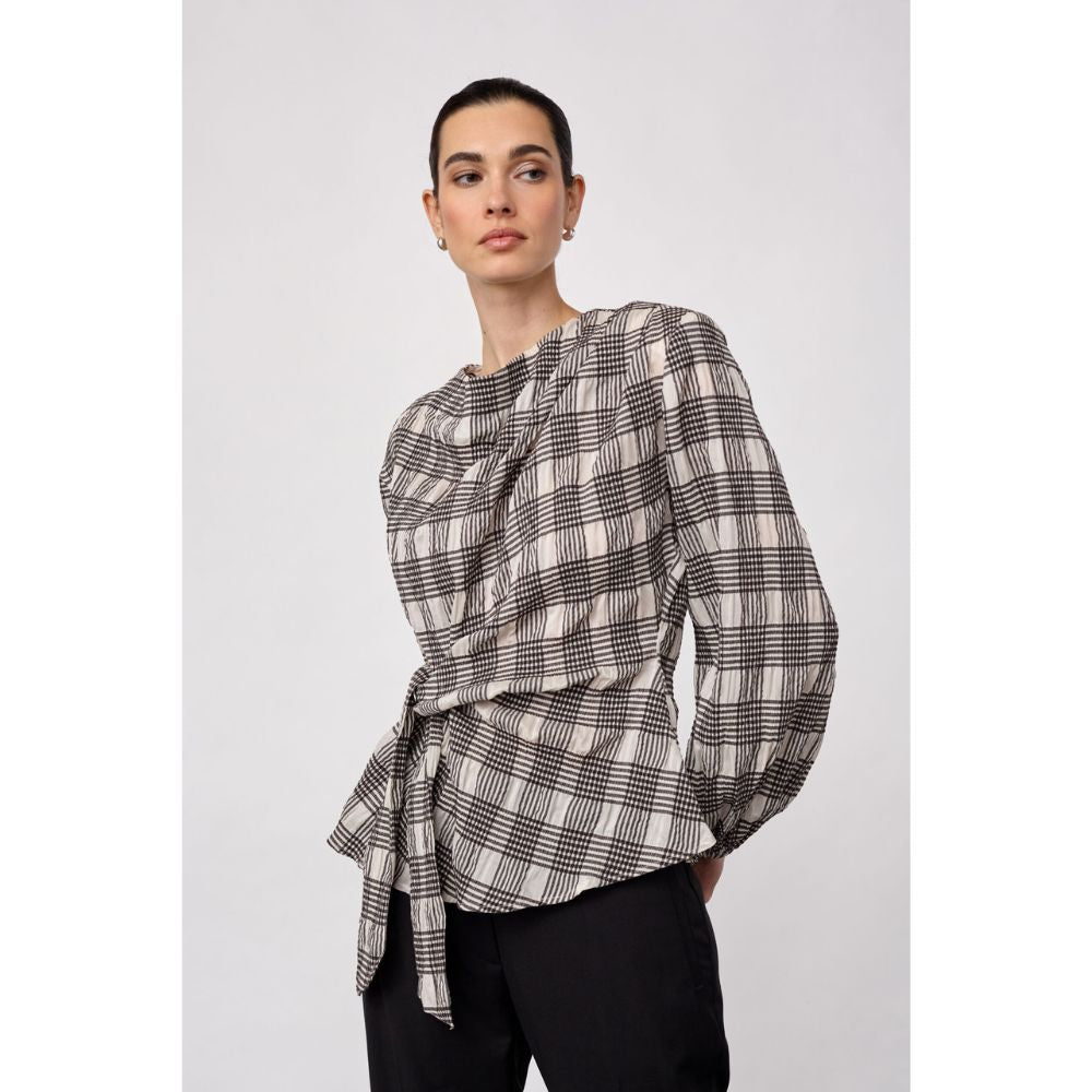 Co'Couture Bone Chandler Check Tie Blouse
