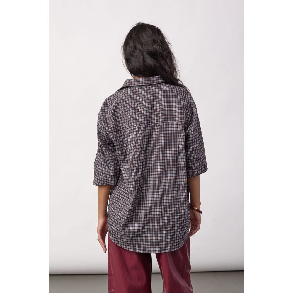Co'Couture Dark-Brown Odem Check Cuff Shirt